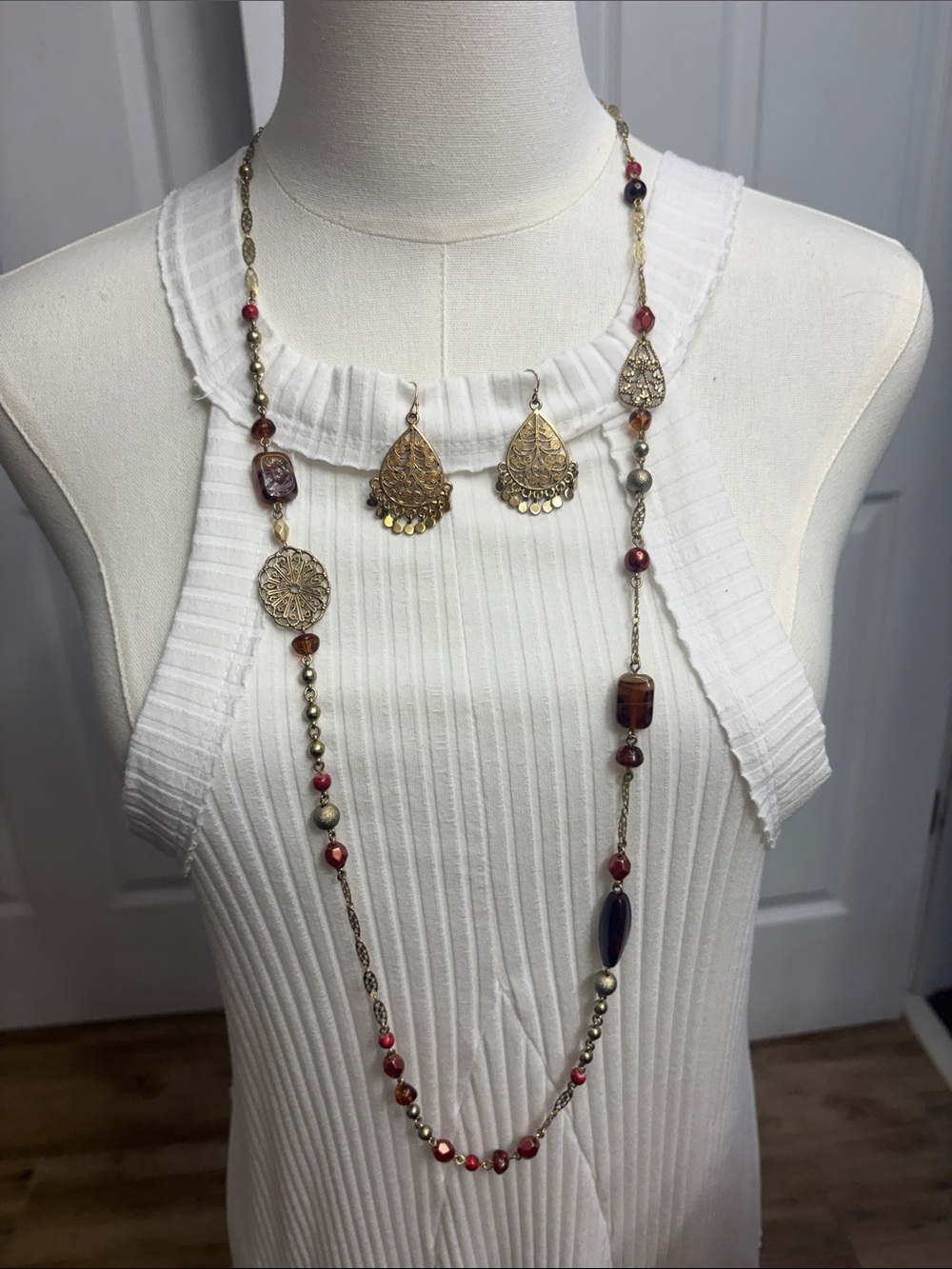 Boho Gold-Tone Red Beaded Long Necklace with Matching Earrings